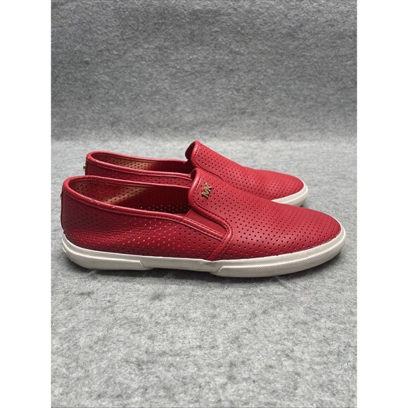 Michael Kors Women US 7 Keaton Sneakers Red Perforated Leather Logo Slip on Shoe - Picture 2 of 8
